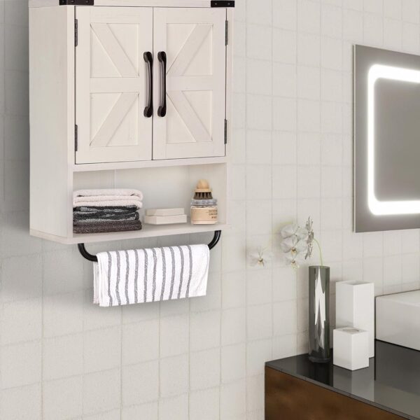 RUSTOWN Farmhouse Wall Storage Cabinet with Two Barn Door, Rustic Mounted Medicine Cabinet with Adjustable Shelf and Towel Bar, 3-Tier Wood Cabinet for Kitchen, Bathroom, Living Room (Vintage White)