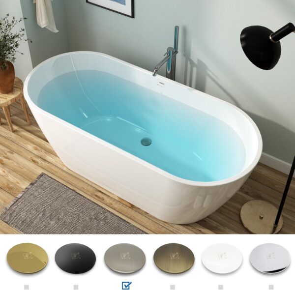 FerdY 67" Bali Acrylic Freestanding Bathtub, Gracefully Shaped Freestanding Soaking Bathtub, cUPC Certified, Toe-Tap Brushed Nickel Drain and Minimalist Linear Design Overflow Included