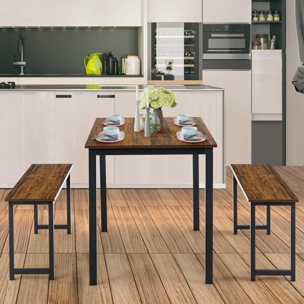Moccha Dining Table Set for 4, 3-Piece Modern Breakfast Table Set with 2 Benches & Metal Frame, 43.5" Wood Kitchen Table Set, Space-Saving Dinette Set for Small Spaces, Dining Room, Rustic Brown