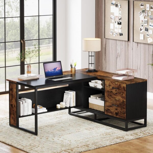Tribesigns 63" L-Shaped Executive Desk, Large Office Desk with Drawers and Shelves, Rustic Long Business Furniture Desk with File Cabinet Storage Space, Home Office Workstation, Brown & Black