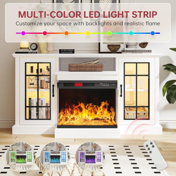 oneinmil 59'' Fireplace TV Stand, 3 Sided Glass Media Entertainment Center Console Table for TVs up to 65'' with Glass Door Adjustable Flame LED Color for Living Room, Set of TV Table, White