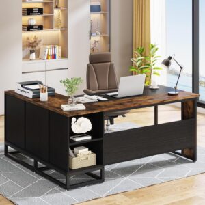 Tribesigns 63" L-Shaped Executive Desk, Large Office Desk with Drawers and Shelves, Rustic Long Business Furniture Desk with File Cabinet Storage Space, Home Office Workstation, Brown & Black