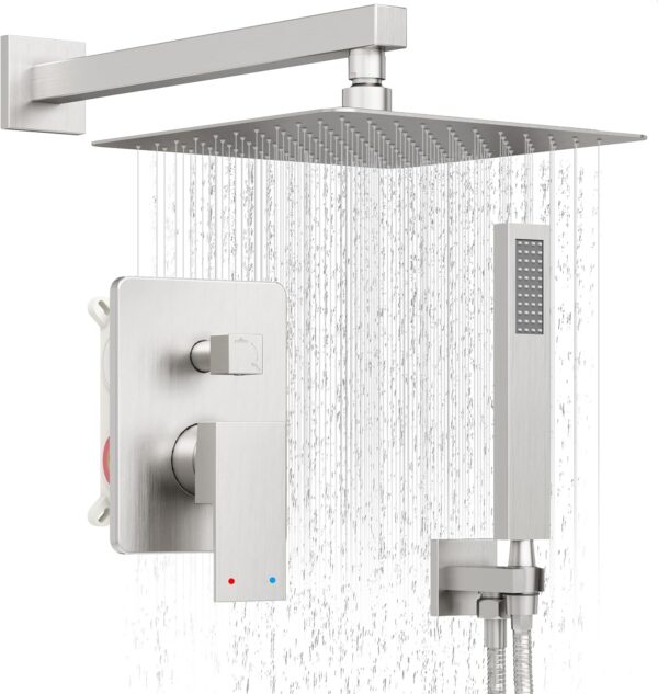 Shower System, Brushed Nickel Shower Faucet Set with 12-Inch Rain Showerhead and Handheld Spray, Wall Mounted High-Pressure Showerhead Combo Set Included Valve and Trim, Brushed Nickel
