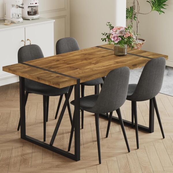 Rustic 5 Piece Dining Room Table Set for 4 People, Mid Century Modern 55 Inch Rectangle Wood Kitchen Dining Table with 4 Fabric Chairs Set, Suitable for Kitchen Dining Room