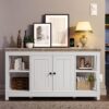 YITAHOME Farmhouse TV Stand for 55/50 Inch with Power Outlet, Mid Century Modern Entertainment Center with Storage and Adjustable Shelf, 47'' TV Table Media Console for Living Room, White & Grey Wash