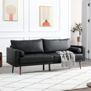 Vonanda Faux Leather Sofa Couch, Mid-Century 73 Inch 3 Seater Leather Couch with Wood Grain Metal Legs and Bolster Pillows for Living Room,Elegant Black