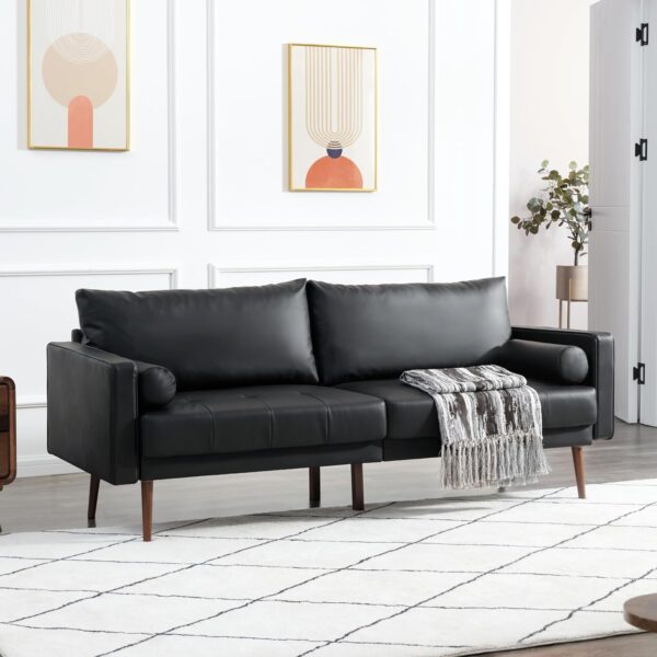 Vonanda Faux Leather Sofa Couch, Mid-Century 73 Inch 3 Seater Leather Couch with Wood Grain Metal Legs and Bolster Pillows for Living Room,Elegant Black