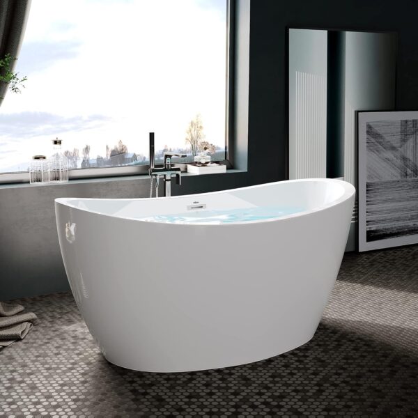 FerdY Naha 59" Acrylic Freestanding Bathtub, Curve Edge Freestanding Soaking Bathtub, Glossy White, cUPC Certified, Toe-Tap Chrome Drain & Overflow Assembly Included, 02588