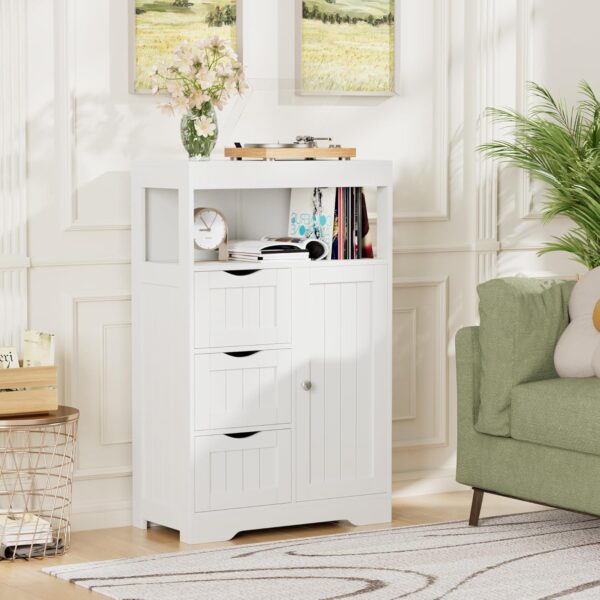 YESHOMY Bathroom Storage Cabinet Freestanding Floor Cupboard with 1 Door and 3 Drawers for Kitchen, Living Room, White