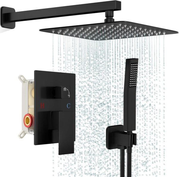 81wt4oihPNL._AC_SL1500_.jpg Black Shower Faucet Set, Rainfall Shower System with Rain Shower Head and Handle Set, Wall Mounted Shower Fixtures, Full Metal Trim Repair Kit 10 inch Matte Black (With Shower Valve)