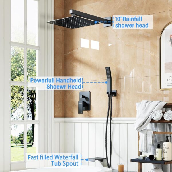 Shower System with Tub Spout, All Metal Tub Shower Faucet Set with 10'' Rain shower heads and handheld spray combo,Wall Mounted Tub Shower Systems with Valve and Trim Kit, Matte Black