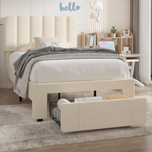 VECELO Twin Size Upholstered Bed Frame with 4 Drawers and Headboard, Velvet Platform Storage Bedframe, Wooden Slats Support, No Box Spring Needed,Bone Beige