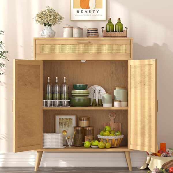 Rovaurx Accent Floor Storage Cabinet with Rattan Doors, Bathroom Cabinet with Large Drawer, Freestanding Storage Cabinet Organizer, Natural BMGZ107M