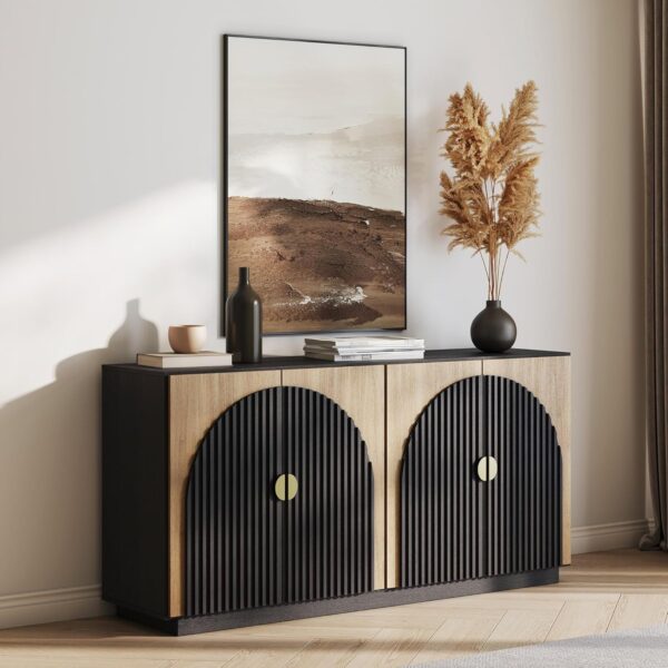 BELLEZE 65 Inch Fluted Buffet Cabinet with Storage, Symmetrical Arc Accent Sideboard Large Console Table for Dining Room, Kitchen, and Living Room (Camel)
