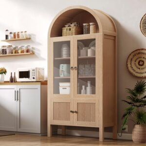 DWVO 71" Tall Arched Cabinet Kitchen Pantry with LED Light/Wood Kitchen Storage Cabinets with Tempered Glass Doors and Adjustable Shelves/Bookcase Cabinet with Storage for Kitchen, Dining- Natrual