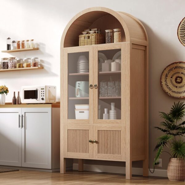 DWVO 71" Tall Arched Cabinet Kitchen Pantry with LED Light/Wood Kitchen Storage Cabinets with Tempered Glass Doors and Adjustable Shelves/Bookcase Cabinet with Storage for Kitchen, Dining- Natrual