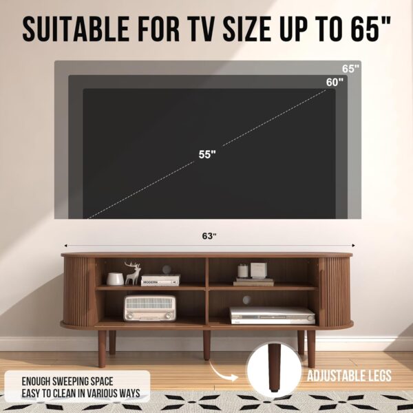 63'' TV Stand, TV Stands for Living Room, Entertainment Center with Storage and Sliding Door for 50/55/60/65 inch TV, Mid Century Modern TV Consoles Media Console Table for Bedroom(Walnut)