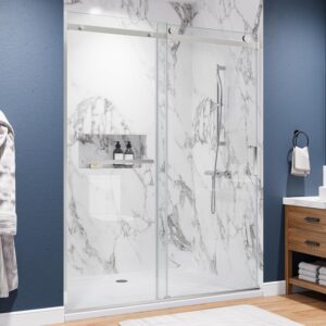 Semi-Framed 60’’W×75’’H Shower Door Bathroom Door Single Sliding Shower Door, SGCC Clear Tempered Glass, Stainless Steel Handle, 4-Inch Adjustable Width, Brushed Nickel