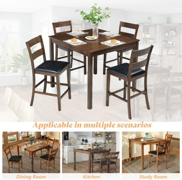 AMERLIFE Solid Wood 5-Piece Dining Table Set, Mid Century Modern Dining Table W/ 4 Chairs, Chairs with Curved Backrests & PU Cushioned, Space Saving Table & Chairs, Black/Walnut