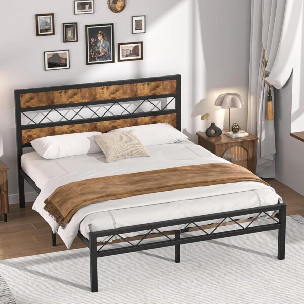 VECELO Queen Metal Platform Bed Frame with Rustic Vintage Wooden Headboard, Heavy Duty Metal Slats Support, Platform Mattress Base No Box Spring Needed, No Noise, Easy Assembly，Brown