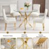 36" Round Glass Dining Table Set for 4, 5-Piece Modern Kitchen Table with 4 White Velvet Chairs, Modern Circle Leisure Table for Home Office Dining Room Small Spaces (Gold Leg)