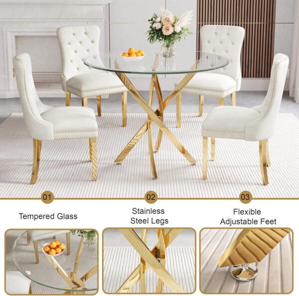 36" Round Glass Dining Table Set for 4, 5-Piece Modern Kitchen Table with 4 White Velvet Chairs, Modern Circle Leisure Table for Home Office Dining Room Small Spaces (Gold Leg)