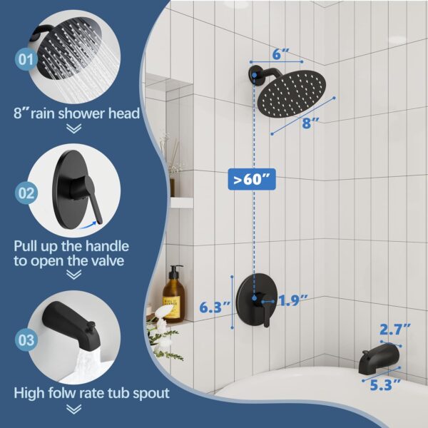 Tub Shower Faucet, Matte Black Shower Faucet Set with 8-Inch All-Metal Rainfall Showerhead and Bathtub Spout, Single-Handle Tub Shower-Trim Kit Included Valve, Matte Black