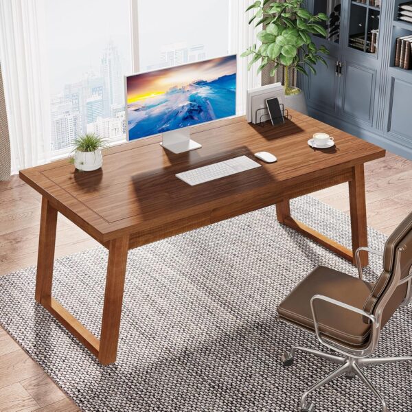 Tribesigns Home Office Executive Desk: 55 Inches Wooden Computer Desk with Drawer, Mid-Century Modern Study Writing Table, Rustic PC Laptop Desk Workstation Furniture, Walnut Brown