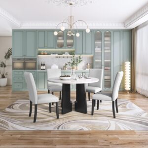 Merax 5-Piece Round Dining Table Set, Modern 4 Upholstered Chairs for Living,Kitchen Room, 43 Inch, Beige+White