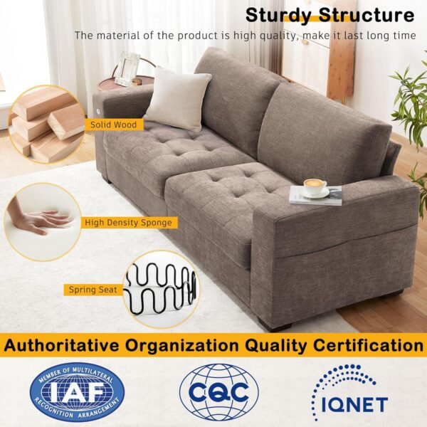 Hanherry Sofa for Living Room, Modern Comfy Sofa with Medium Firm Seat Cushion, Removable Cover,Wide Armrest,USB/Type-C Port,Chenille Fabric Couches for Small Space,Apartment (Brown, 89 inch)