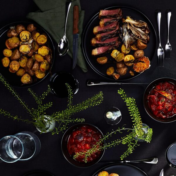 Stone Lain Coupe 32-Piece Stoneware Dish Set, Celina Service for 8, Black Plates and Bowls Dinnerware Set, Dishwasher and Microwave Safe, Black Matte