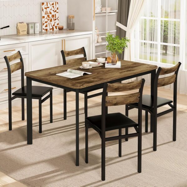DKLGG Dining Table Set for 4, 43.3" Dining Room with 4 Upholstered PU Leather Chairs, Modern Wood Table and Chairs Set, 5-Piece Dinette Breakfast Nook, Small Places, Brown