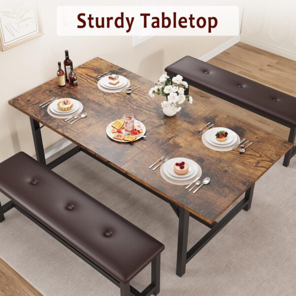 IDEALHOUSE Dining Table Set for 4-6, 3 Piece Large Extendable Kitchen Table Set for 6, 63" Rectangle Kitchen Table Set with 2 Upholstered Benches for Apartment, Dining Room, Space Save, Retro Brown