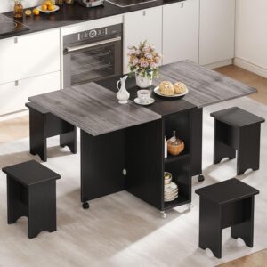 DWVO 5 Pieces Folding Extendable Dining Table Set with 4 Chairs for 4 Peoples 55 Inches Drop Leaf Wood Kitchen Dining Room Table Set with Storage and 6 Wheels for Small Space Saving Grey Oak