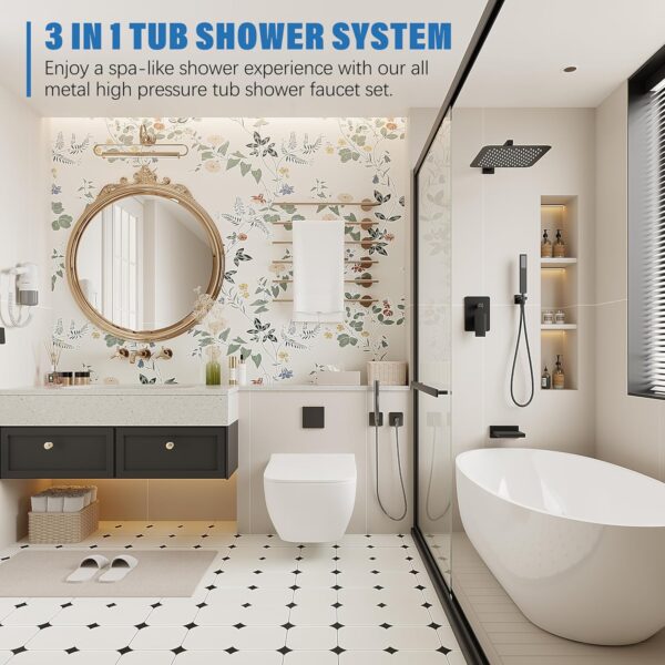 Black Shower System with Tub Spout, All Metal Tub Shower Faucet Set with 10" Rain Shower Head and Handheld Spray combo, Wall Mounted Tub Shower Systems with Valve and Trim Kit, Matte Black