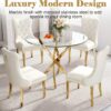 36" Round Glass Dining Table Set for 4, 5-Piece Modern Kitchen Table with 4 White Velvet Chairs, Modern Circle Leisure Table for Home Office Dining Room Small Spaces (Gold Leg)