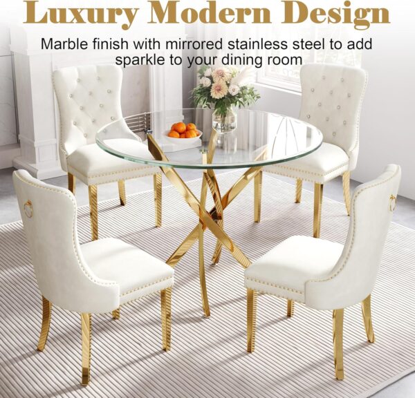 36" Round Glass Dining Table Set for 4, 5-Piece Modern Kitchen Table with 4 White Velvet Chairs, Modern Circle Leisure Table for Home Office Dining Room Small Spaces (Gold Leg)