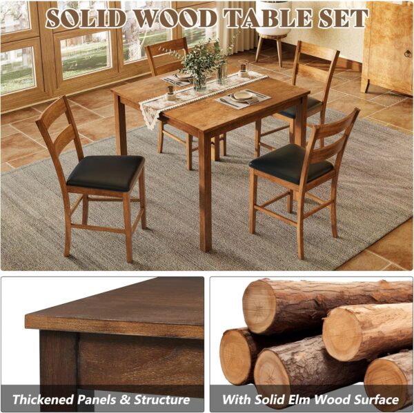 AMERLIFE Solid Wood 5-Piece Dining Table Set, Mid Century Modern Dining Table W/ 4 Chairs, Chairs with Curved Backrests & PU Cushioned, Space Saving Table & Chairs, Black/Walnut