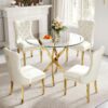 36" Round Glass Dining Table Set for 4, 5-Piece Modern Kitchen Table with 4 White Velvet Chairs, Modern Circle Leisure Table for Home Office Dining Room Small Spaces (Gold Leg)