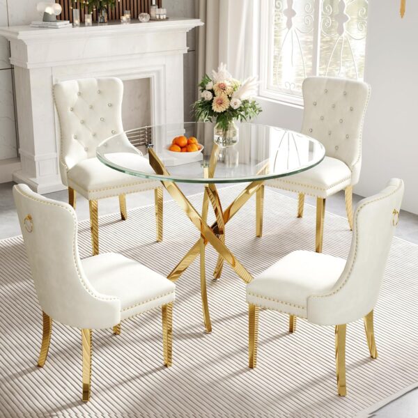 36" Round Glass Dining Table Set for 4, 5-Piece Modern Kitchen Table with 4 White Velvet Chairs, Modern Circle Leisure Table for Home Office Dining Room Small Spaces (Gold Leg)