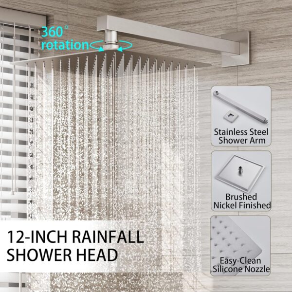 Shower System, Brushed Nickel Shower Faucet Set with 12-Inch Rain Showerhead and Handheld Spray, Wall Mounted High-Pressure Showerhead Combo Set Included Valve and Trim, Brushed Nickel