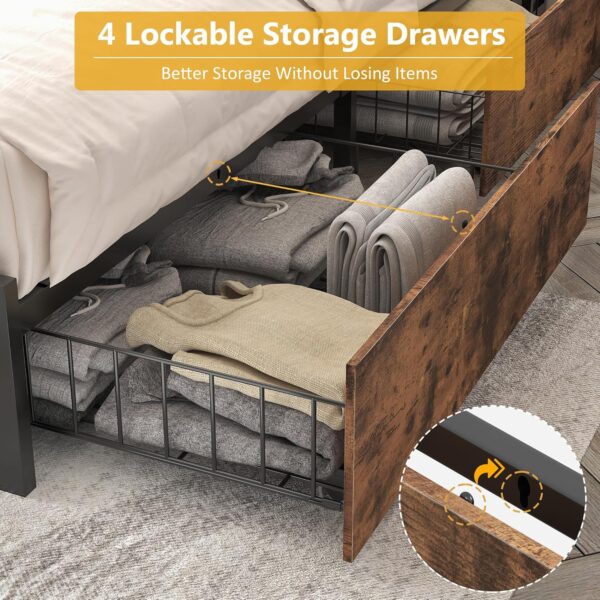 Lifezone Full Bed Frame with 2-Tier Storage Headboard, Metal Platform Bed Frame with 4 Storage Drawers, Built in Charging Station & LED, Noise-Free/Metal Support/No Box Spring Needed, Vintage Brown