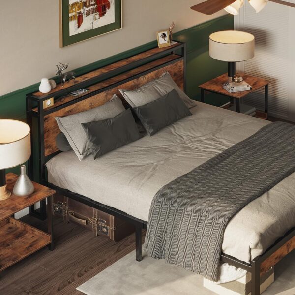 LIKIMIO Full Bed Frame, Platform Bed Frame Full with 2-Tier Storage Headboard and Strong Support Legs, More Sturdy, Noise-Free, No Box Spring Needed, Vintage Brown