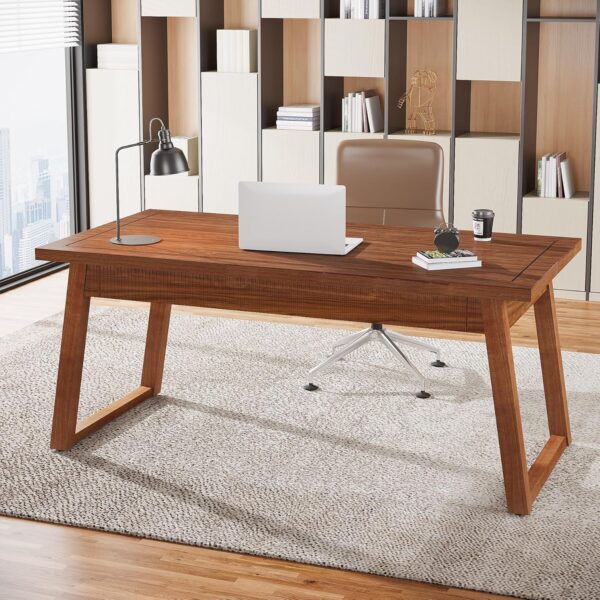 Tribesigns Home Office Executive Desk: 55 Inches Wooden Computer Desk with Drawer, Mid-Century Modern Study Writing Table, Rustic PC Laptop Desk Workstation Furniture, Walnut Brown