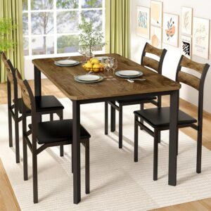 DKLGG Dining Table Set for 4, 43.3" Dining Room with 4 Upholstered PU Leather Chairs, Modern Wood Table and Chairs Set, 5-Piece Dinette Breakfast Nook, Small Places, Brown