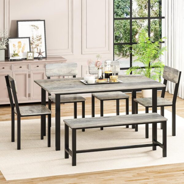 AWQM 6-Piece Dining Set, Modern Dining Table Set for 4-6,Kitchen Table Set with Chairs and Bench,Dining Room Table Set with Metal Frame & MDF Board, Table & Chairs Set for Small Space,Apartment,Grey