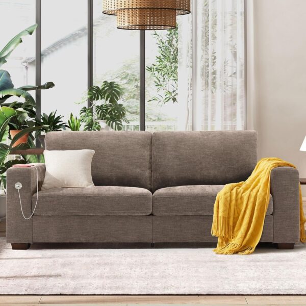 Hanherry Sofa for Living Room, Modern Comfy Sofa with Medium Firm Seat Cushion, Removable Cover,Wide Armrest,USB/Type-C Port,Chenille Fabric Couches for Small Space,Apartment (Brown, 89 inch)