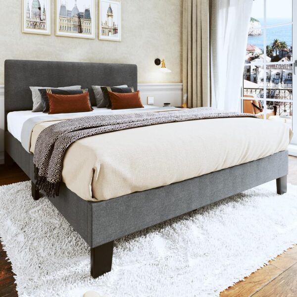 Queen Bed Frame Upholstered Bed Frame Platform with Adjustable Headboard Linen Fabric Headboard Wooden Slats Support/No Box Spring Needed/Easy Assembly/Mattress Foundation, Grey