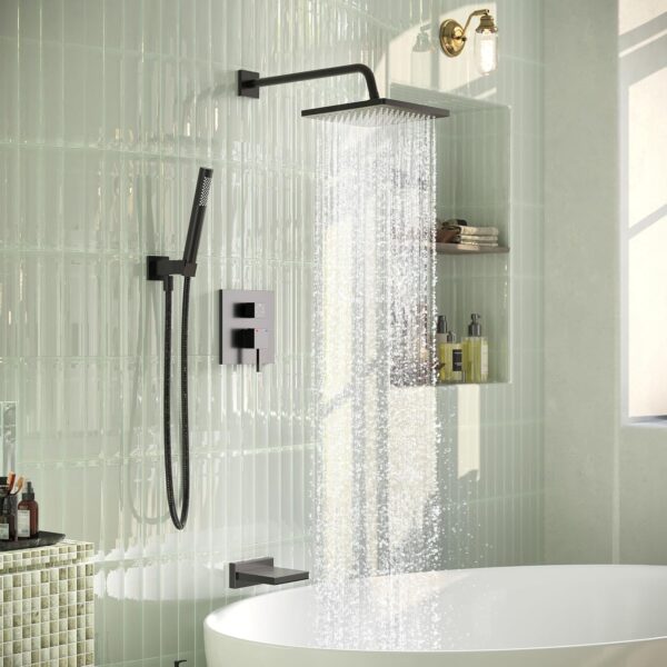 Esnbia Shower System with Tub Spout,Black Bathtub Shower Faucet Set,10 Inches Rain Shower Heads with Handheld Spary Combo, Tub Shower Kit with 3-Way Shower Valve, Matte Black