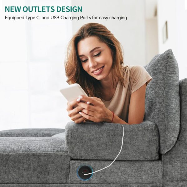 YITAHOME Sectional Couches for Living Room, U Shaped Couch with USB & Type C Charging Ports Chenille Modern Cloud Sofa Double Chaise Sofa Upholstered Couch for Office Apartmant Small Space, Grey